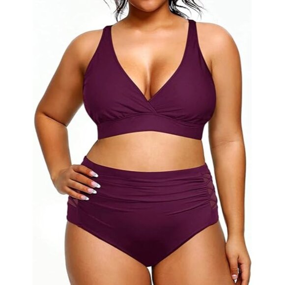 Yonique Womens Size 14 Two Piece Bikini Set V Neck Side lattice mesh insets - Picture 4 of 8